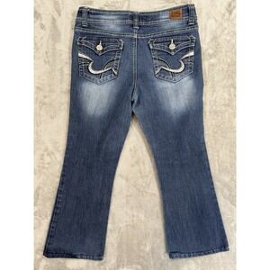 lei Jeans Juniors 7 L24 Blue Sophia Hipster Flare Stretch Denim Flap Pockets